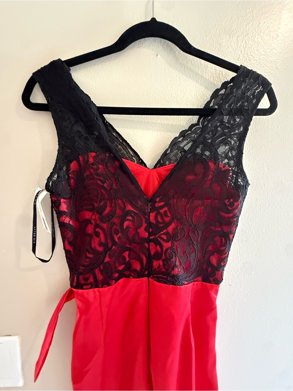 Red satin and Lace Bodice Evening Dress with Black Overlay size 2